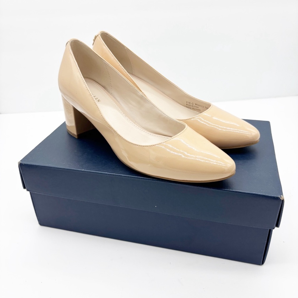 Cole Haan Beige Patent Leather Block Heel Pumps